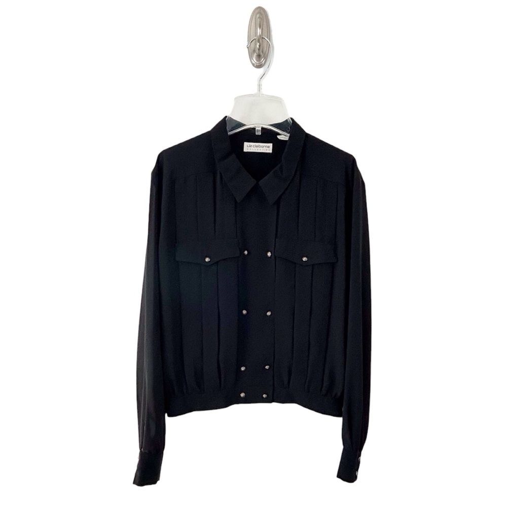 Liz Claiborne Vintage 80s Women’s Black Sheer Double Breasted Blouse Size 10